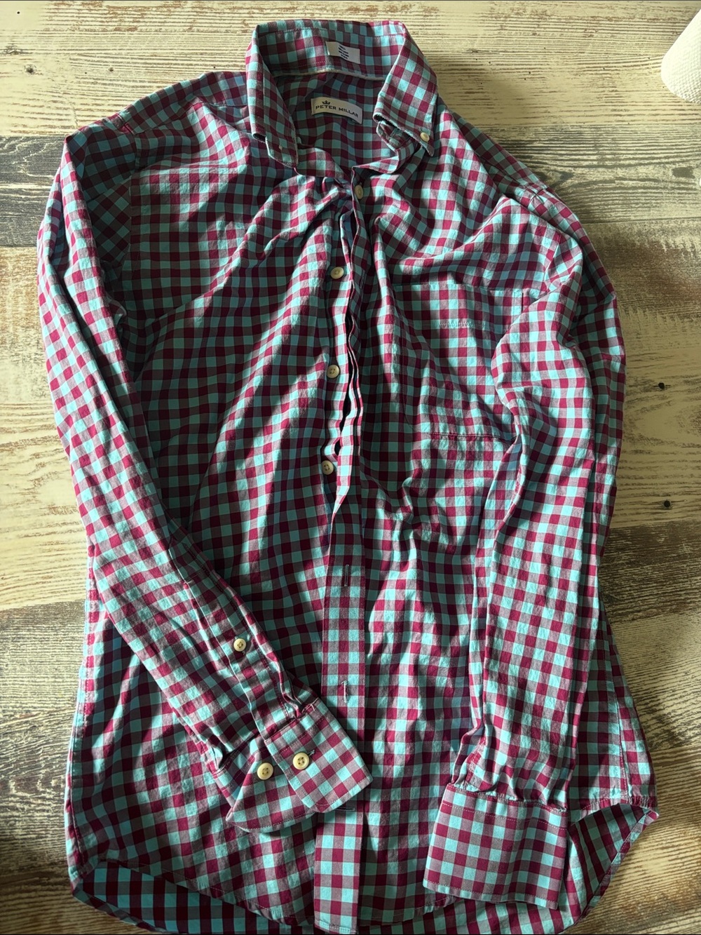 Peter Millar Men's Button-Down Shirt in Teal and Burgundy Gingham